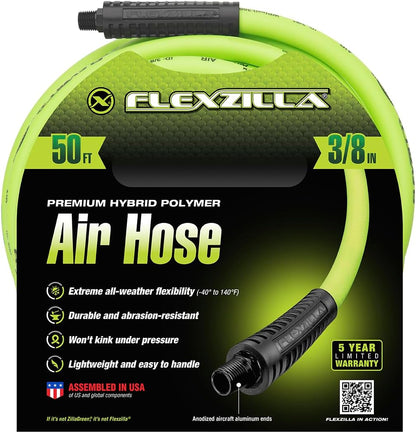 Air Compressor Hose, 3/8 in. x 100 ft., 1/4 in. MNPT Fittings, No-Kink, All Weather, Lightweight, Premium Hybrid Polymer, 300 PSI, ZillaGreen