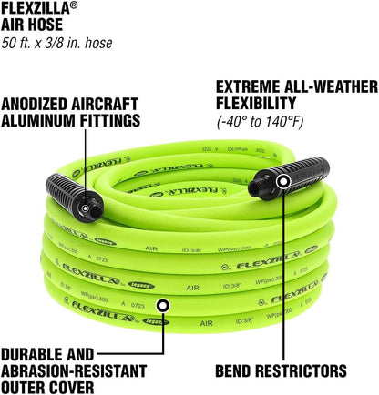 Air Compressor Hose, 3/8 in. x 100 ft., 1/4 in. MNPT Fittings, No-Kink, All Weather, Lightweight, Premium Hybrid Polymer, 300 PSI, ZillaGreen