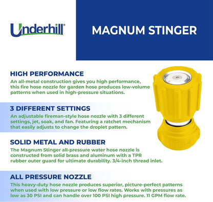 Magnum Stinger Fireman Style Garden Hose Nozzle NG400 – Heavy Duty Solid Brass Water Spray Nozzle, 11 GPM, 30–100 PSI, 3/4 Inch Thread Inlet, Jet Soak Fan Patterns, Professional Grade