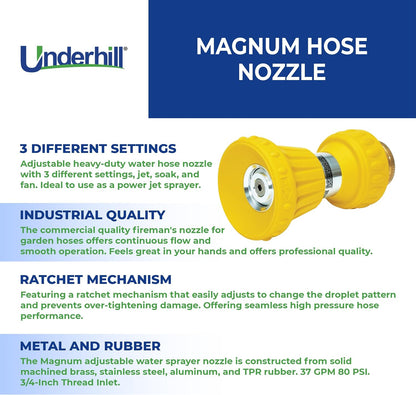 Magnum Stinger Fireman Style Garden Hose Nozzle NG400 – Heavy Duty Solid Brass Water Spray Nozzle, 11 GPM, 30–100 PSI, 3/4 Inch Thread Inlet, Jet Soak Fan Patterns, Professional Grade