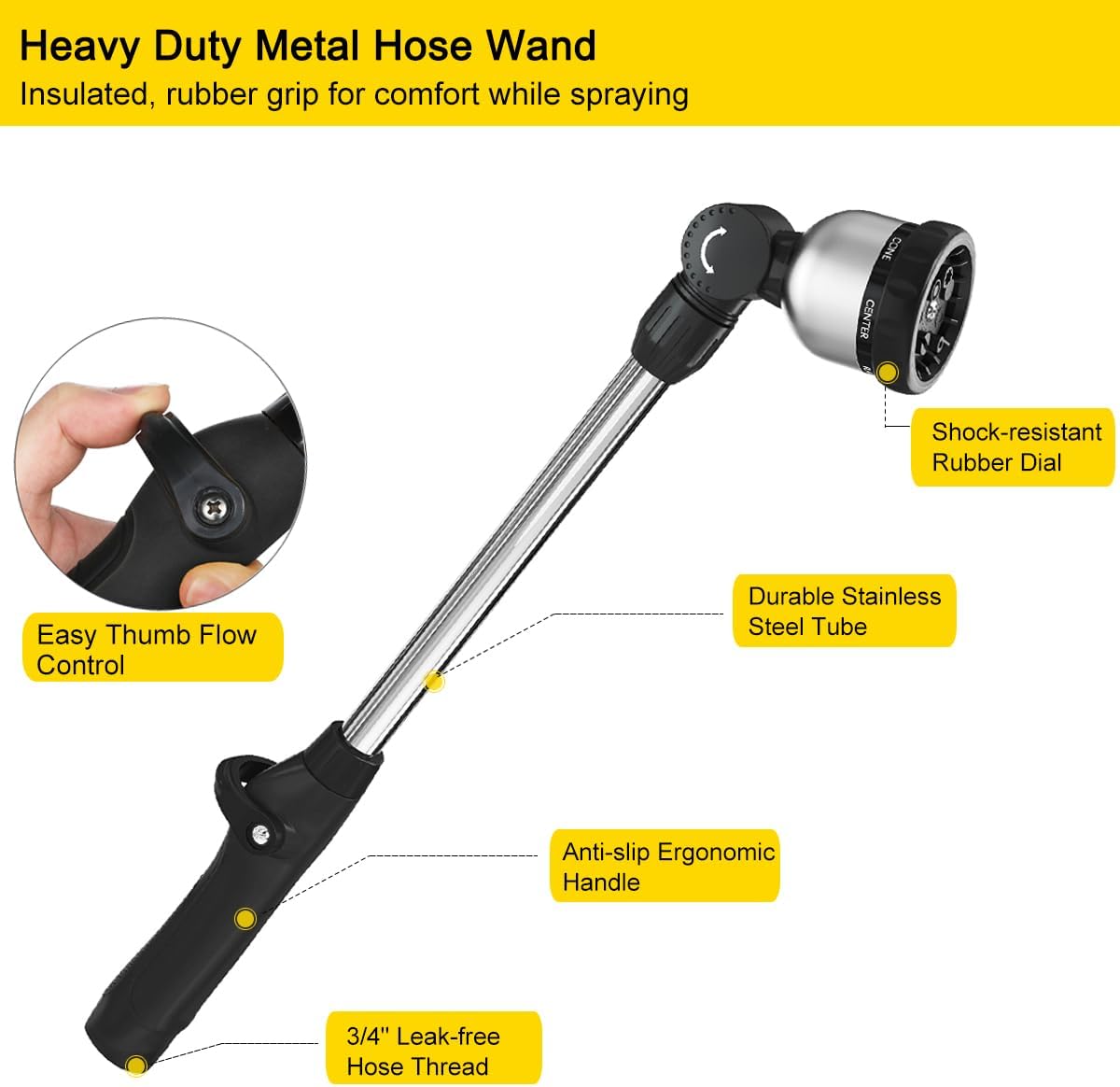 Garden Hose Wand Heavy Duty, 16 Inches Metal Watering Wand with 8 Spray Patterns, 180° Rotating Long Hose Nozzle Sprayer Wand with Thumb Flow Control for Watering Hanging Baskets and Shrubs