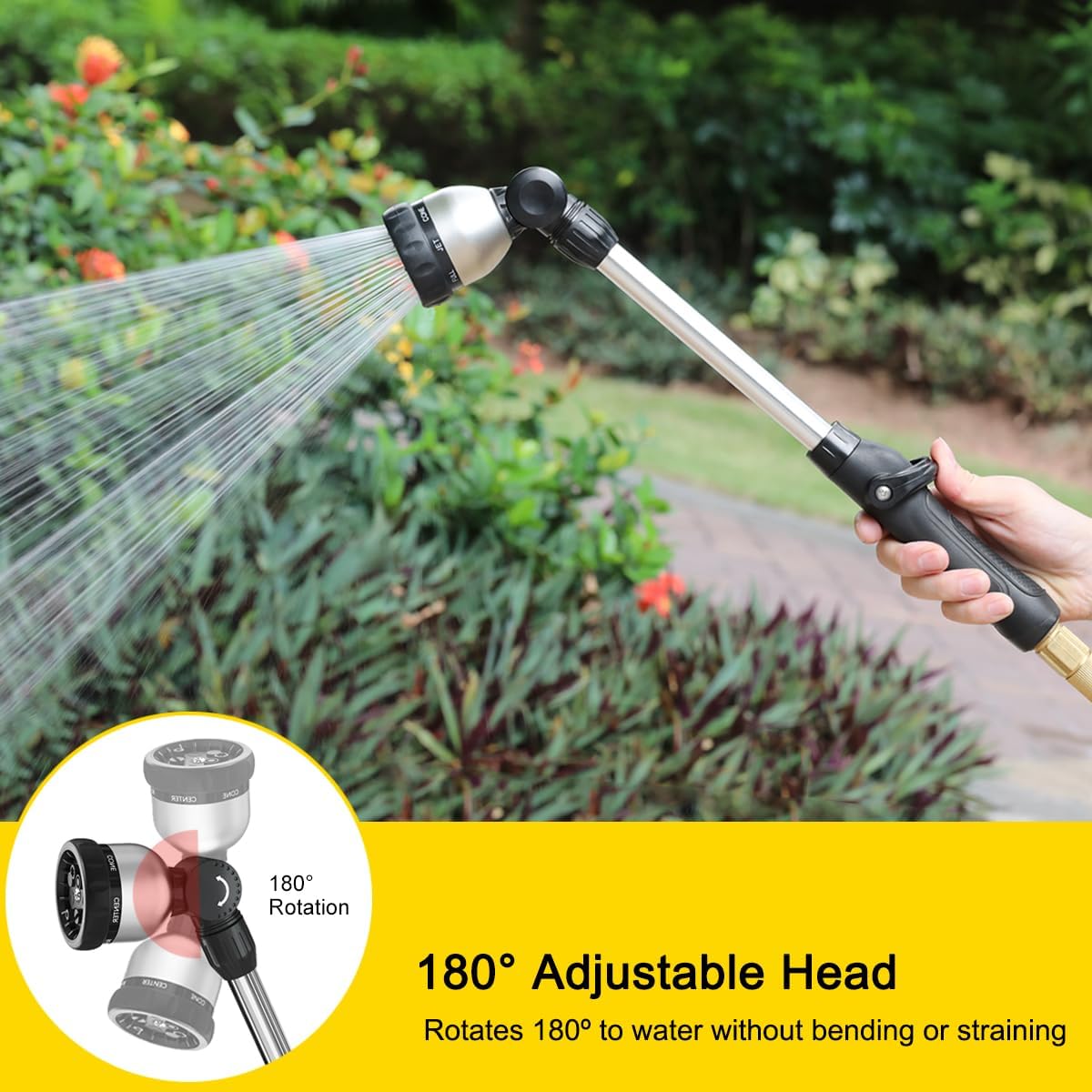 Garden Hose Wand Heavy Duty, 16 Inches Metal Watering Wand with 8 Spray Patterns, 180° Rotating Long Hose Nozzle Sprayer Wand with Thumb Flow Control for Watering Hanging Baskets and Shrubs