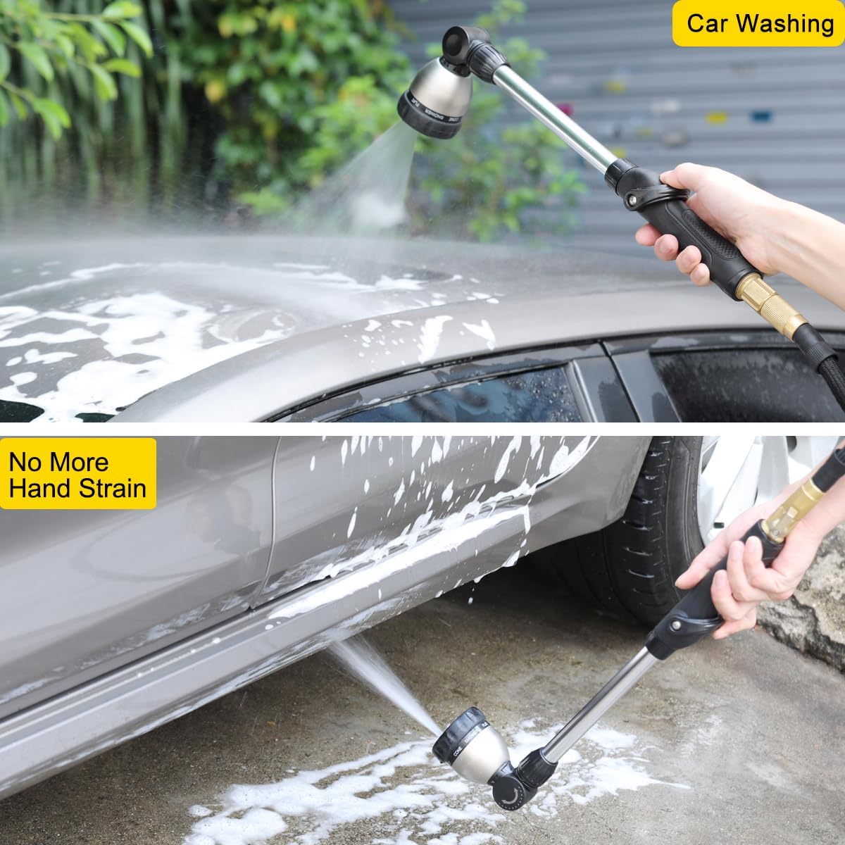 Garden Hose Wand Heavy Duty, 16 Inches Metal Watering Wand with 8 Spray Patterns, 180° Rotating Long Hose Nozzle Sprayer Wand with Thumb Flow Control for Watering Hanging Baskets and Shrubs