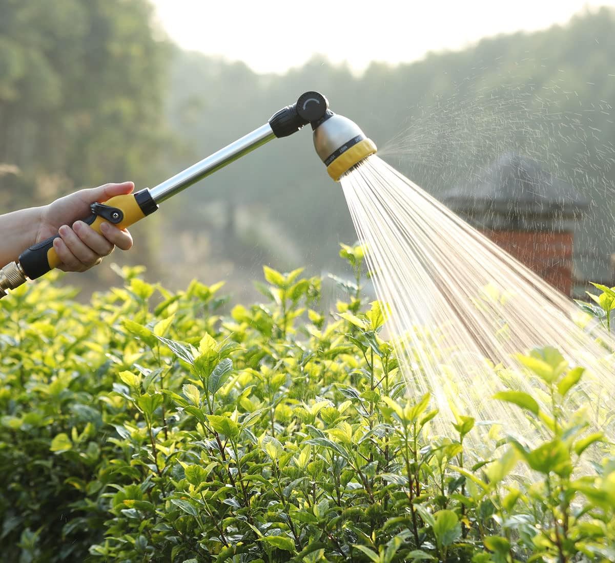 Garden Hose Wand Heavy Duty, 16 Inches Metal Watering Wand with 8 Spray Patterns, 180° Rotating Long Hose Nozzle Sprayer Wand with Thumb Flow Control for Watering Hanging Baskets and Shrubs