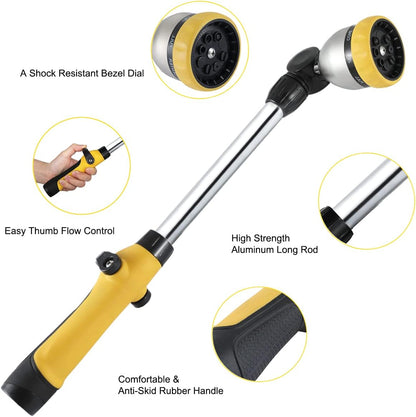 Garden Hose Wand Heavy Duty, 16 Inches Metal Watering Wand with 8 Spray Patterns, 180° Rotating Long Hose Nozzle Sprayer Wand with Thumb Flow Control for Watering Hanging Baskets and Shrubs