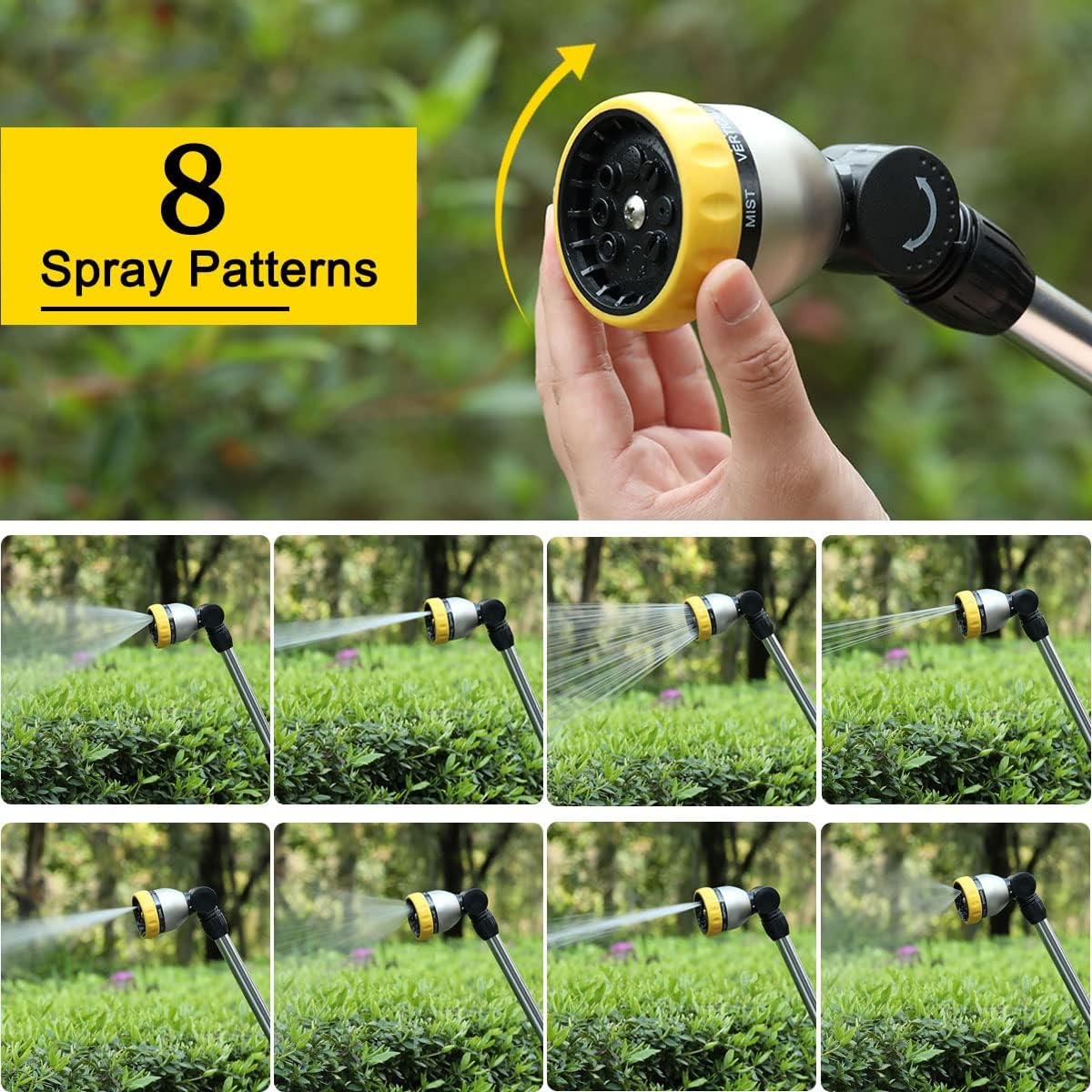 Garden Hose Wand Heavy Duty, 16 Inches Metal Watering Wand with 8 Spray Patterns, 180° Rotating Long Hose Nozzle Sprayer Wand with Thumb Flow Control for Watering Hanging Baskets and Shrubs