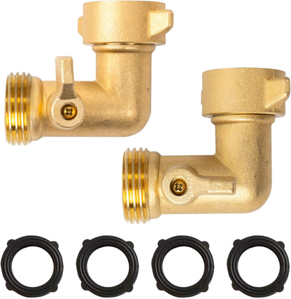 90 Degree Garden Hose Adapter with Shut Off Valves, 3/4" Solid Brass Garden Hose Elbow Connector with 2 Extra Pressure Washers (1)