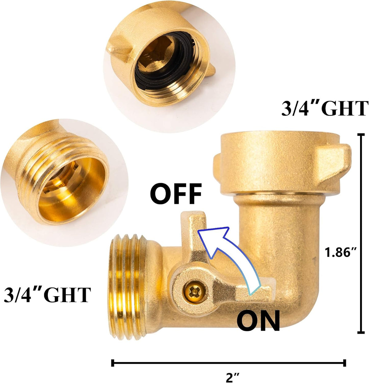 90 Degree Garden Hose Adapter with Shut Off Valves, 3/4" Solid Brass Garden Hose Elbow Connector with 2 Extra Pressure Washers (1)
