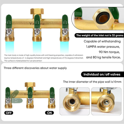 3 Way Garden Hose Splitter, 3/4" GHT Outdoor Water Spigot Splitter