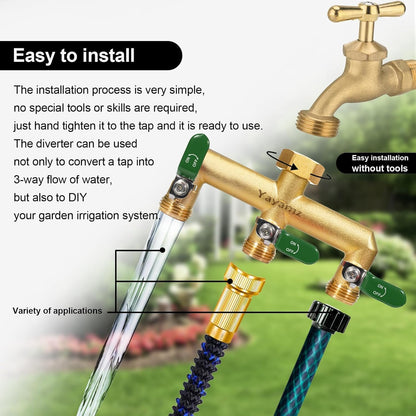 3 Way Garden Hose Splitter, 3/4" GHT Outdoor Water Spigot Splitter