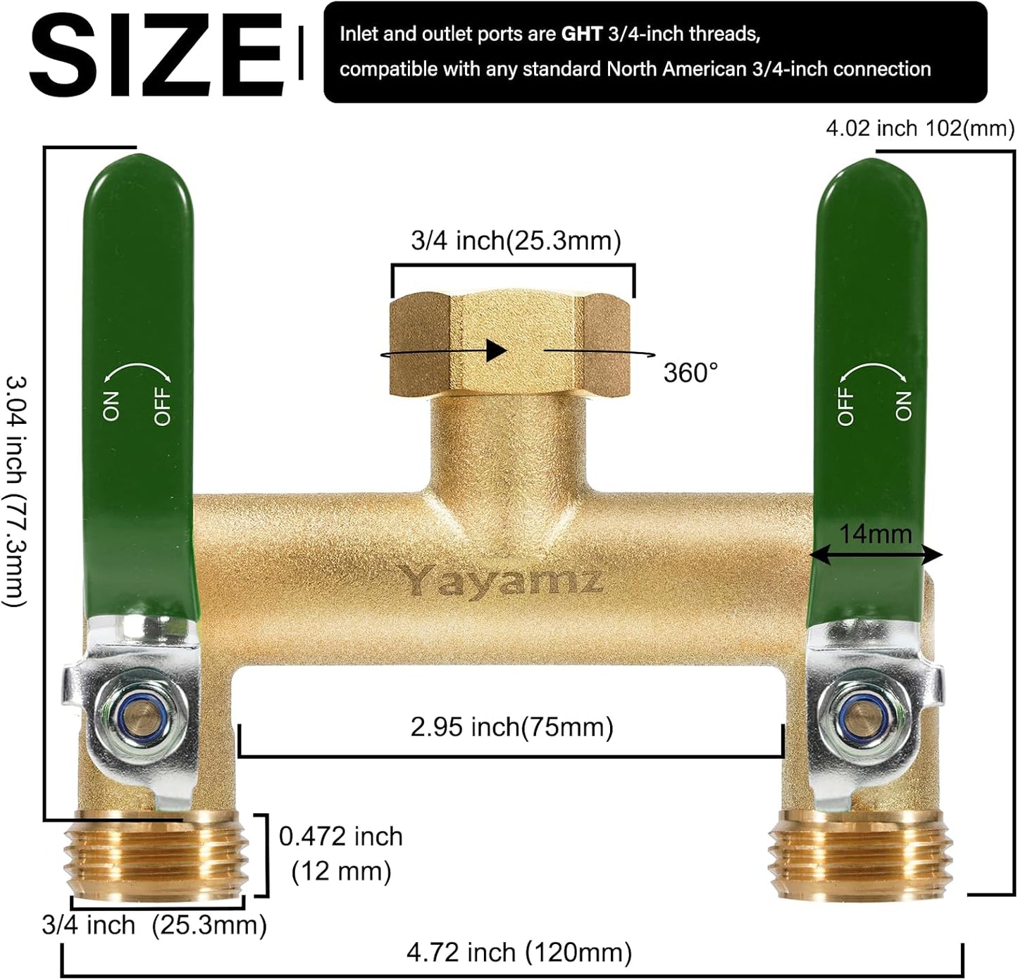 3 Way Garden Hose Splitter, 3/4" GHT Outdoor Water Spigot Splitter