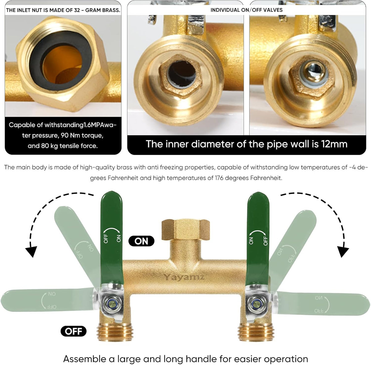 3 Way Garden Hose Splitter, 3/4" GHT Outdoor Water Spigot Splitter
