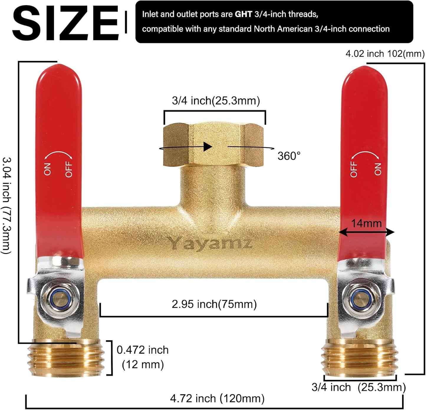 3 Way Garden Hose Splitter, 3/4" GHT Outdoor Water Spigot Splitter