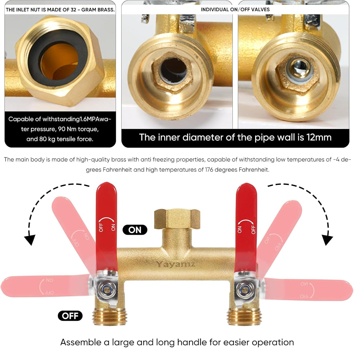 3 Way Garden Hose Splitter, 3/4" GHT Outdoor Water Spigot Splitter