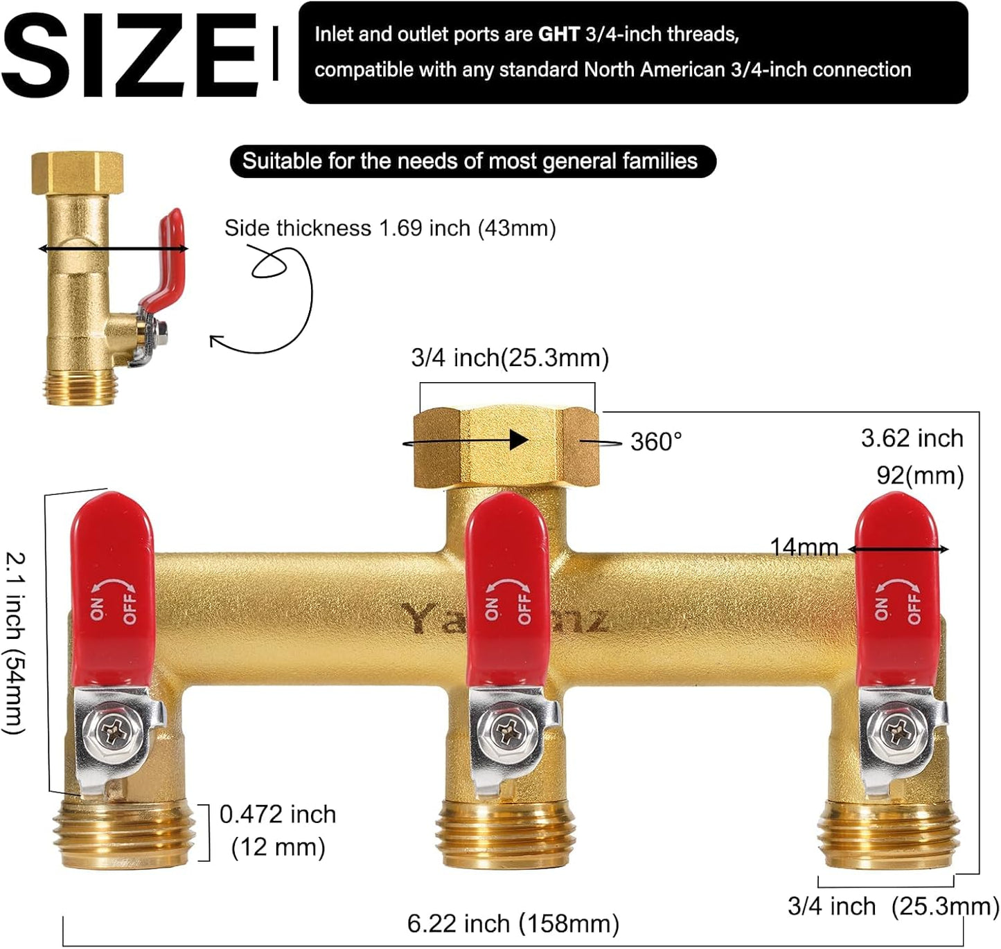 3 Way Garden Hose Splitter, 3/4" GHT Outdoor Water Spigot Splitter