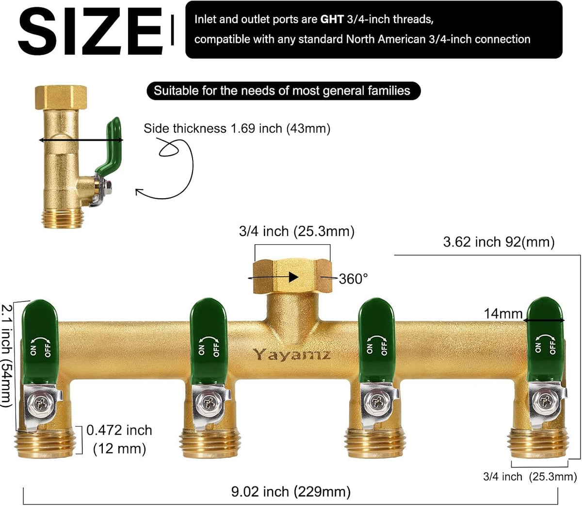 3 Way Garden Hose Splitter, 3/4" GHT Outdoor Water Spigot Splitter