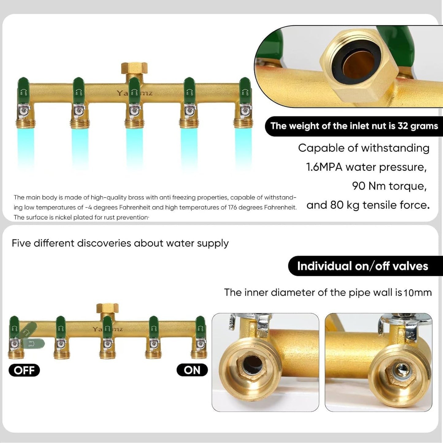 3 Way Garden Hose Splitter, 3/4" GHT Outdoor Water Spigot Splitter