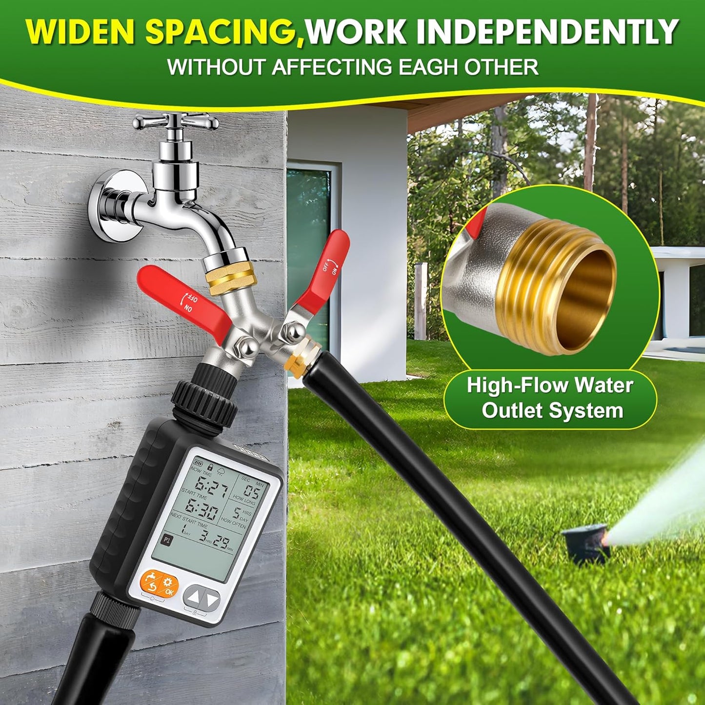 Hose Splitter 2 Way, High Flow Garden Hose Splitter, 3/4” Ght Inlet Brass Heavy Duty Hose Converter, Full Flow water 2 Way Faucet hose splitter, Long Handle Hose Valve Large Outlet.