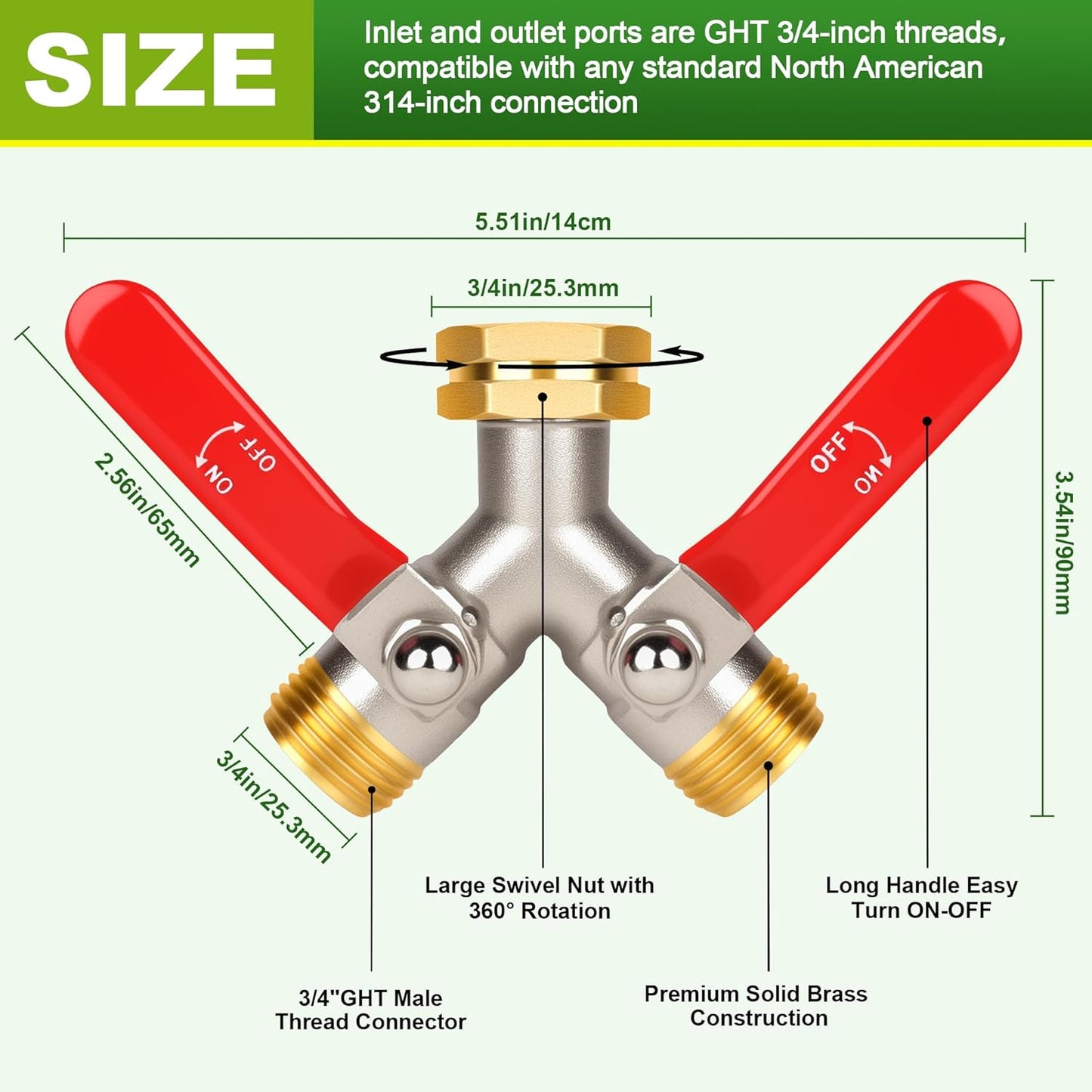 Hose Splitter 2 Way, High Flow Garden Hose Splitter, 3/4” Ght Inlet Brass Heavy Duty Hose Converter, Full Flow water 2 Way Faucet hose splitter, Long Handle Hose Valve Large Outlet.