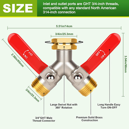 Hose Splitter 2 Way, High Flow Garden Hose Splitter, 3/4” Ght Inlet Brass Heavy Duty Hose Converter, Full Flow water 2 Way Faucet hose splitter, Long Handle Hose Valve Large Outlet.