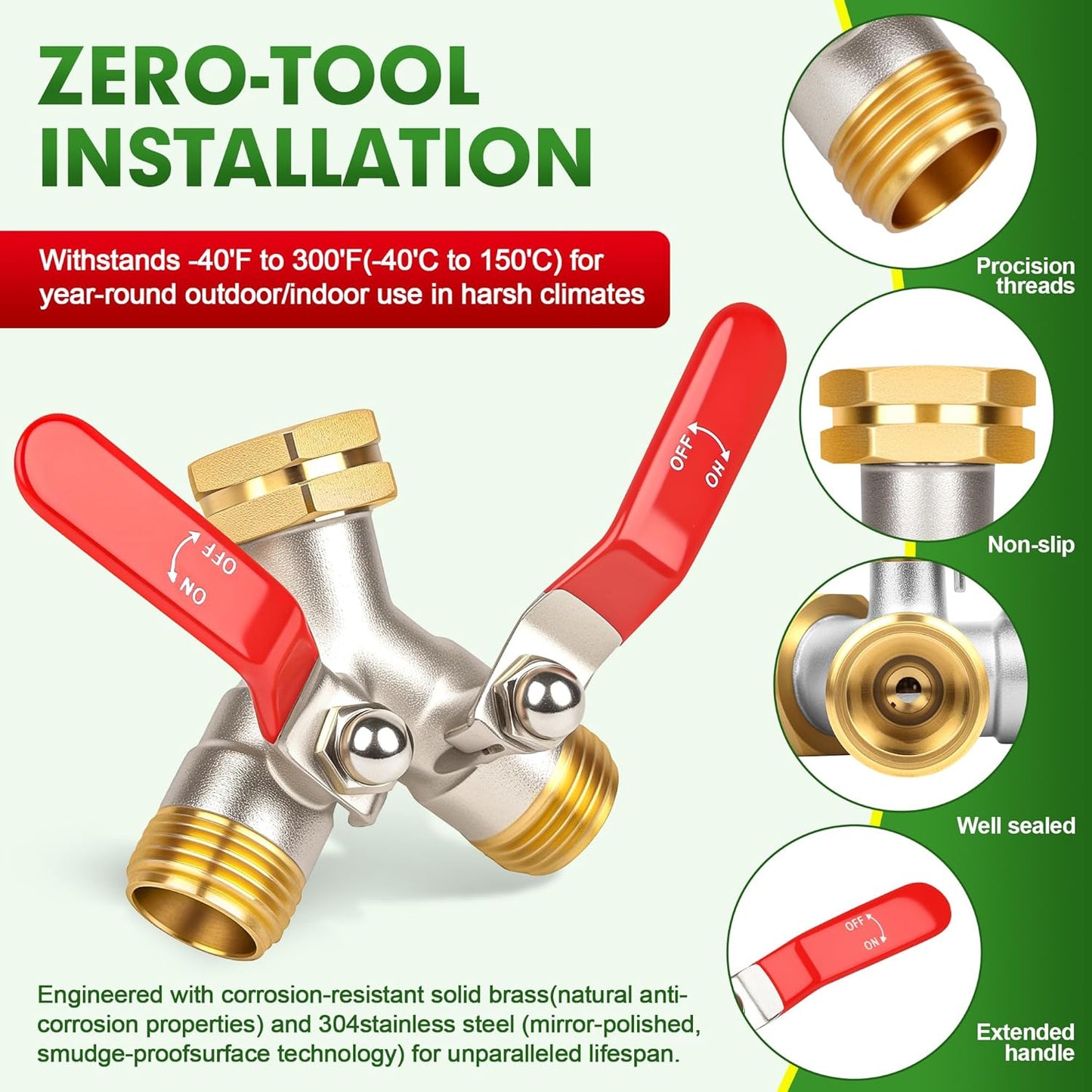 Hose Splitter 2 Way, High Flow Garden Hose Splitter, 3/4” Ght Inlet Brass Heavy Duty Hose Converter, Full Flow water 2 Way Faucet hose splitter, Long Handle Hose Valve Large Outlet.