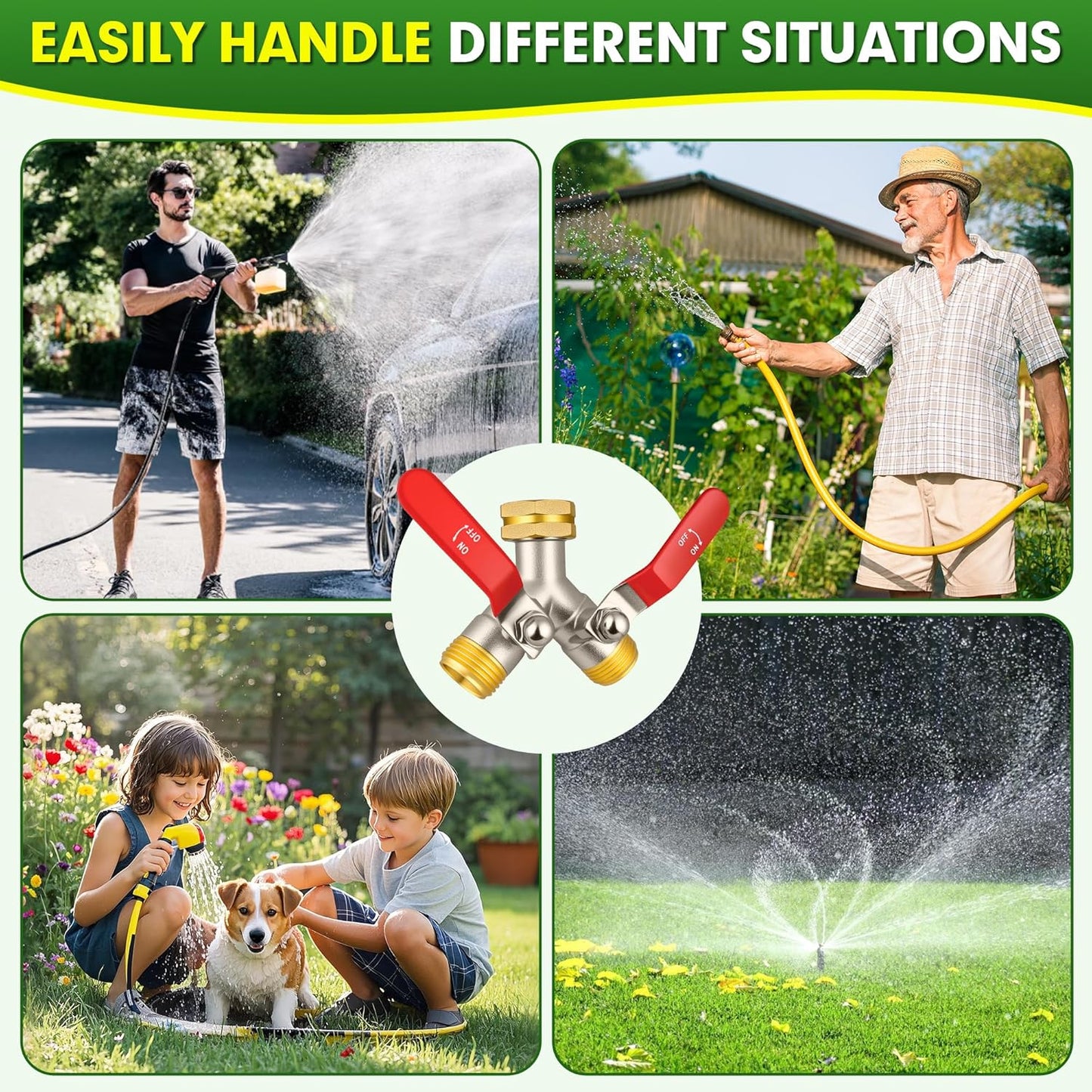 Hose Splitter 2 Way, High Flow Garden Hose Splitter, 3/4” Ght Inlet Brass Heavy Duty Hose Converter, Full Flow water 2 Way Faucet hose splitter, Long Handle Hose Valve Large Outlet.