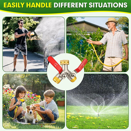 Hose Splitter 2 Way, High Flow Garden Hose Splitter, 3/4” Ght Inlet Brass Heavy Duty Hose Converter, Full Flow water 2 Way Faucet hose splitter, Long Handle Hose Valve Large Outlet.
