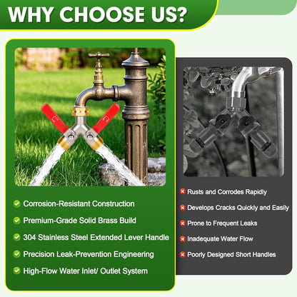 Hose Splitter 2 Way, High Flow Garden Hose Splitter, 3/4” Ght Inlet Brass Heavy Duty Hose Converter, Full Flow water 2 Way Faucet hose splitter, Long Handle Hose Valve Large Outlet.