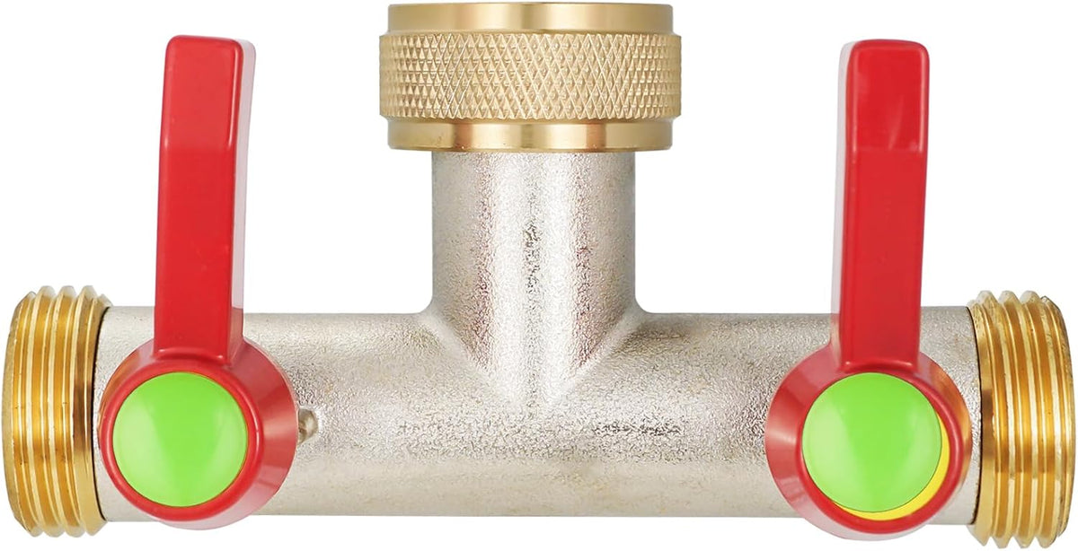 Hose Splitter 2 Way, High Flow Garden Hose Splitter, 3/4” Ght Inlet Brass Heavy Duty Hose Converter, Full Flow water 2 Way Faucet hose splitter, Long Handle Hose Valve Large Outlet.