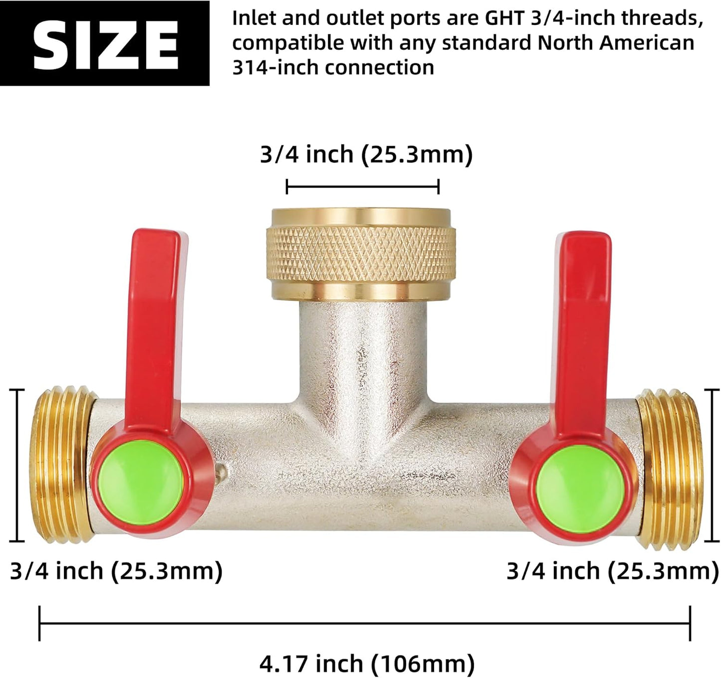 Hose Splitter 2 Way, High Flow Garden Hose Splitter, 3/4” Ght Inlet Brass Heavy Duty Hose Converter, Full Flow water 2 Way Faucet hose splitter, Long Handle Hose Valve Large Outlet.