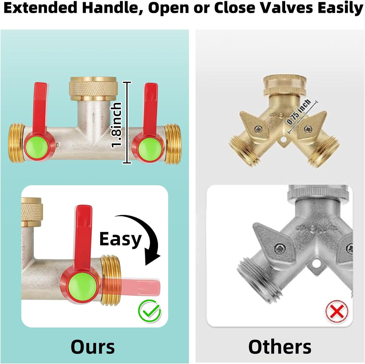 Hose Splitter 2 Way, High Flow Garden Hose Splitter, 3/4” Ght Inlet Brass Heavy Duty Hose Converter, Full Flow water 2 Way Faucet hose splitter, Long Handle Hose Valve Large Outlet.