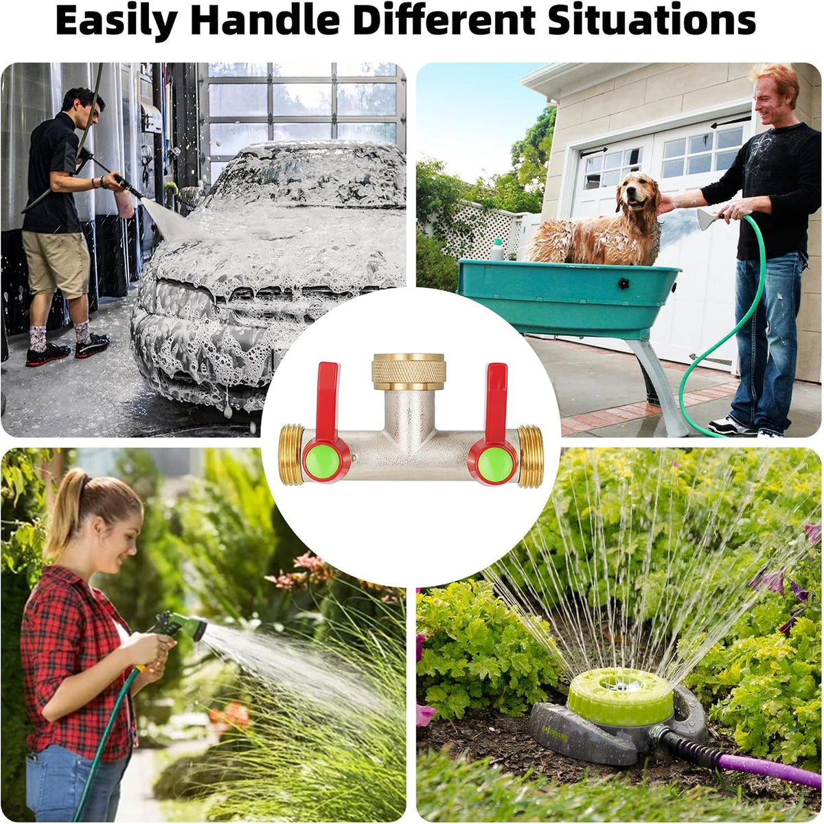 Hose Splitter 2 Way, High Flow Garden Hose Splitter, 3/4” Ght Inlet Brass Heavy Duty Hose Converter, Full Flow water 2 Way Faucet hose splitter, Long Handle Hose Valve Large Outlet.