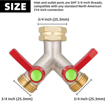 Hose Splitter 2 Way, High Flow Garden Hose Splitter, 3/4” Ght Inlet Brass Heavy Duty Hose Converter, Full Flow water 2 Way Faucet hose splitter, Long Handle Hose Valve Large Outlet.