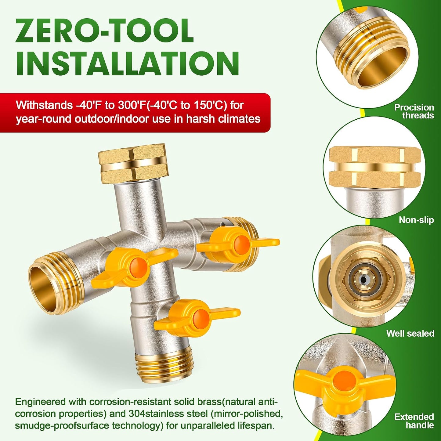 Hose Splitter 2 Way, High Flow Garden Hose Splitter, 3/4” Ght Inlet Brass Heavy Duty Hose Converter, Full Flow water 2 Way Faucet hose splitter, Long Handle Hose Valve Large Outlet.