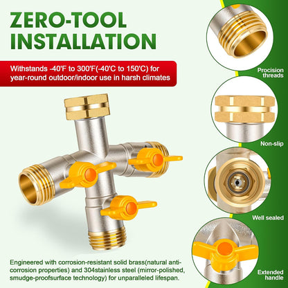 Hose Splitter 2 Way, High Flow Garden Hose Splitter, 3/4” Ght Inlet Brass Heavy Duty Hose Converter, Full Flow water 2 Way Faucet hose splitter, Long Handle Hose Valve Large Outlet.