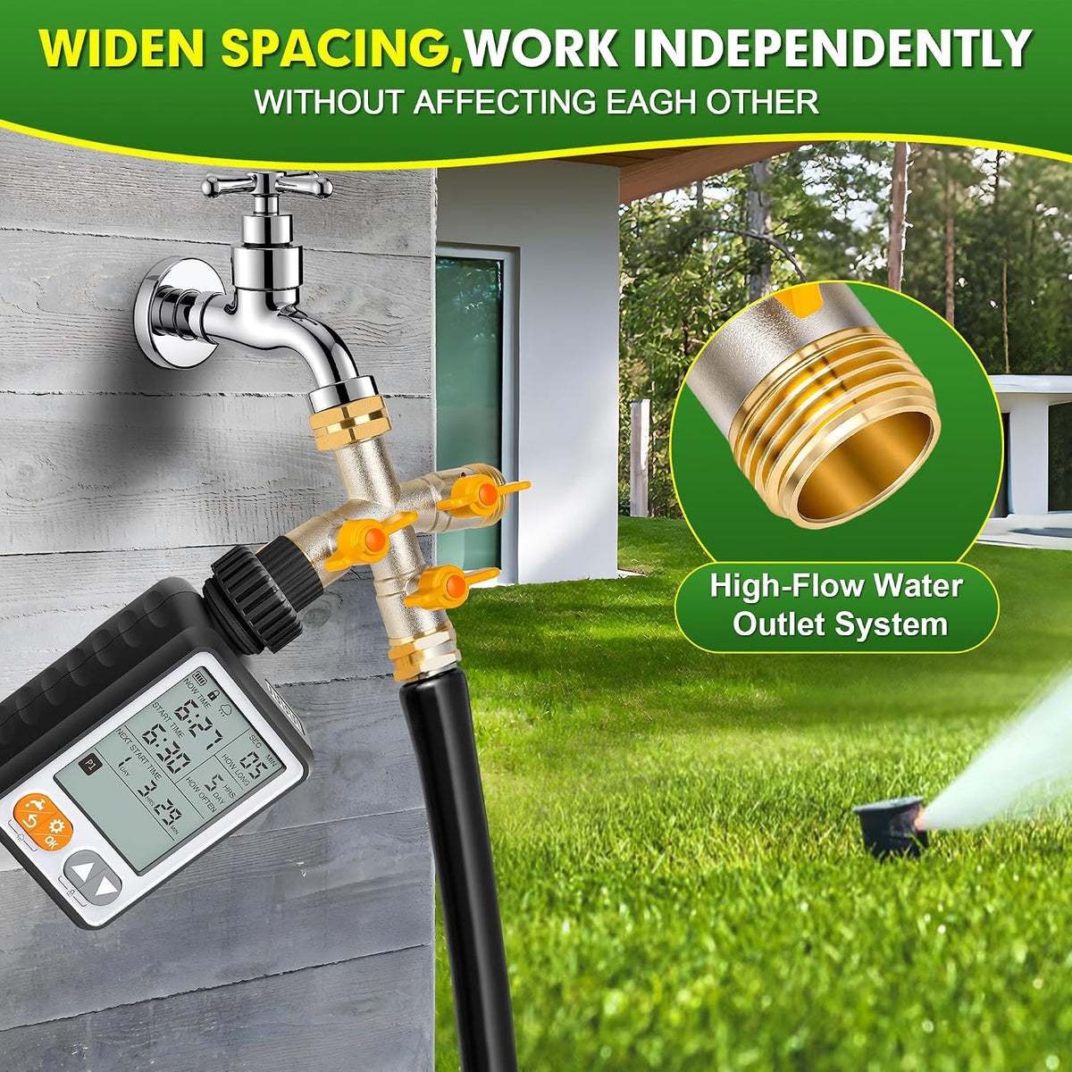 Hose Splitter 2 Way, High Flow Garden Hose Splitter, 3/4” Ght Inlet Brass Heavy Duty Hose Converter, Full Flow water 2 Way Faucet hose splitter, Long Handle Hose Valve Large Outlet.