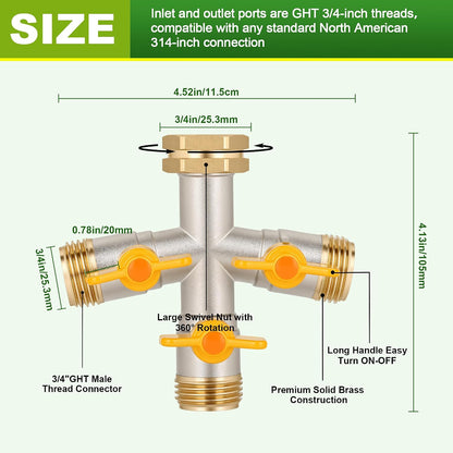 Hose Splitter 2 Way, High Flow Garden Hose Splitter, 3/4” Ght Inlet Brass Heavy Duty Hose Converter, Full Flow water 2 Way Faucet hose splitter, Long Handle Hose Valve Large Outlet.