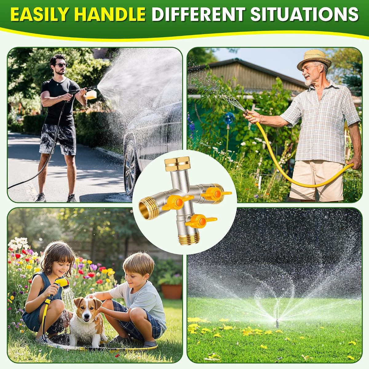 Hose Splitter 2 Way, High Flow Garden Hose Splitter, 3/4” Ght Inlet Brass Heavy Duty Hose Converter, Full Flow water 2 Way Faucet hose splitter, Long Handle Hose Valve Large Outlet.
