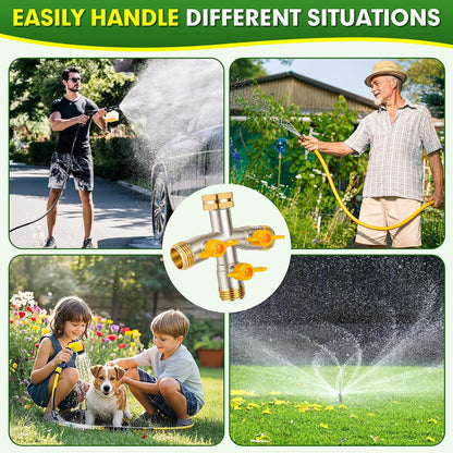 Hose Splitter 2 Way, High Flow Garden Hose Splitter, 3/4” Ght Inlet Brass Heavy Duty Hose Converter, Full Flow water 2 Way Faucet hose splitter, Long Handle Hose Valve Large Outlet.