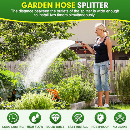 Hose Splitter 2 Way, High Flow Garden Hose Splitter, 3/4” Ght Inlet Brass Heavy Duty Hose Converter, Full Flow water 2 Way Faucet hose splitter, Long Handle Hose Valve Large Outlet.