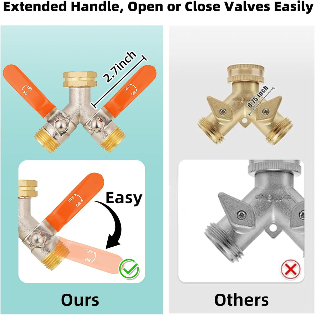 Hose Splitter 2 Way, High Flow Garden Hose Splitter, 3/4” Ght Inlet Brass Heavy Duty Hose Converter, Full Flow water 2 Way Faucet hose splitter, Long Handle Hose Valve Large Outlet.
