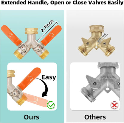 Hose Splitter 2 Way, High Flow Garden Hose Splitter, 3/4” Ght Inlet Brass Heavy Duty Hose Converter, Full Flow water 2 Way Faucet hose splitter, Long Handle Hose Valve Large Outlet.