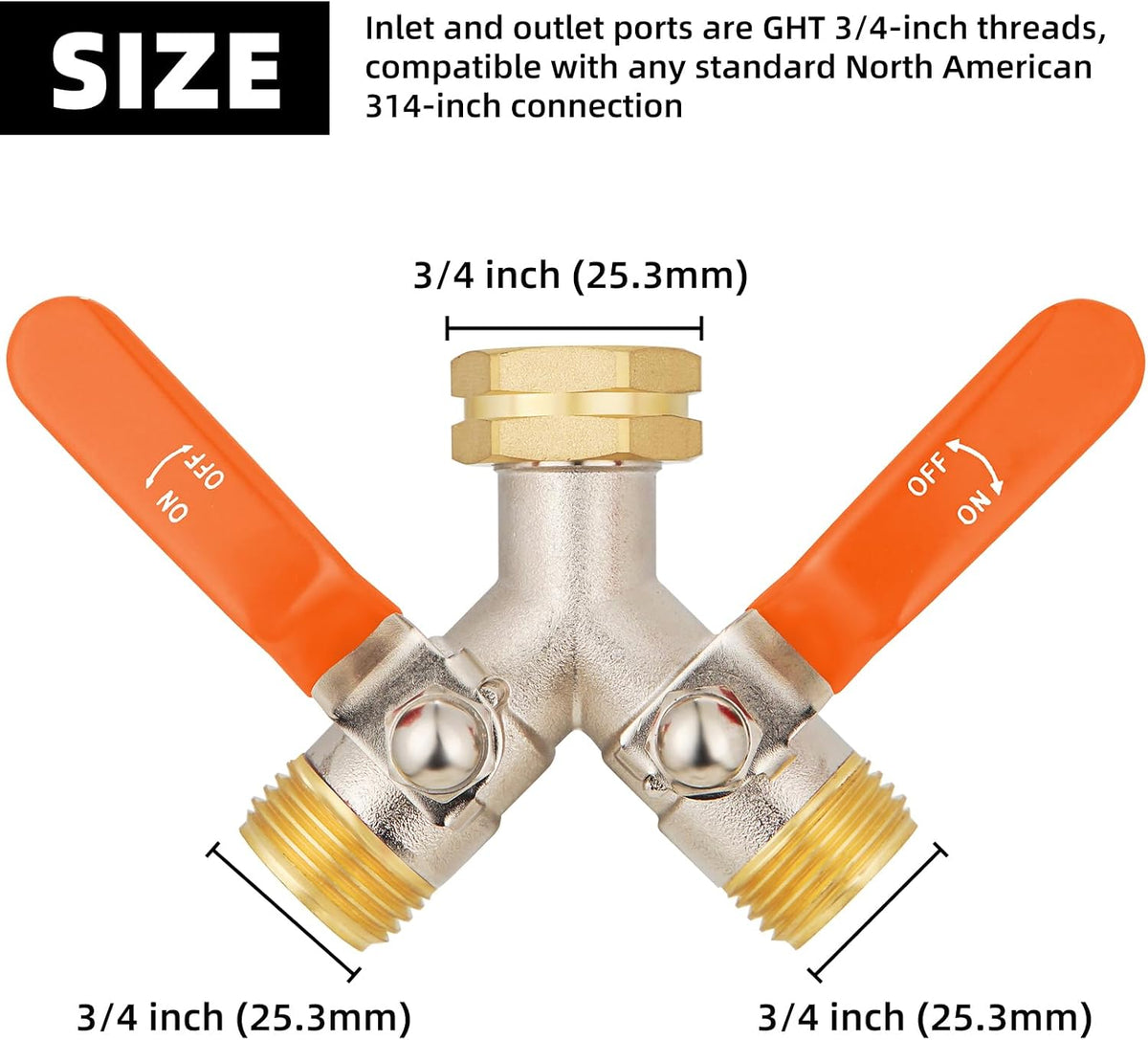 Hose Splitter 2 Way, High Flow Garden Hose Splitter, 3/4” Ght Inlet Brass Heavy Duty Hose Converter, Full Flow water 2 Way Faucet hose splitter, Long Handle Hose Valve Large Outlet.