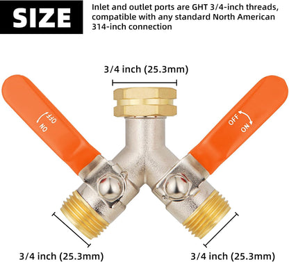 Hose Splitter 2 Way, High Flow Garden Hose Splitter, 3/4” Ght Inlet Brass Heavy Duty Hose Converter, Full Flow water 2 Way Faucet hose splitter, Long Handle Hose Valve Large Outlet.