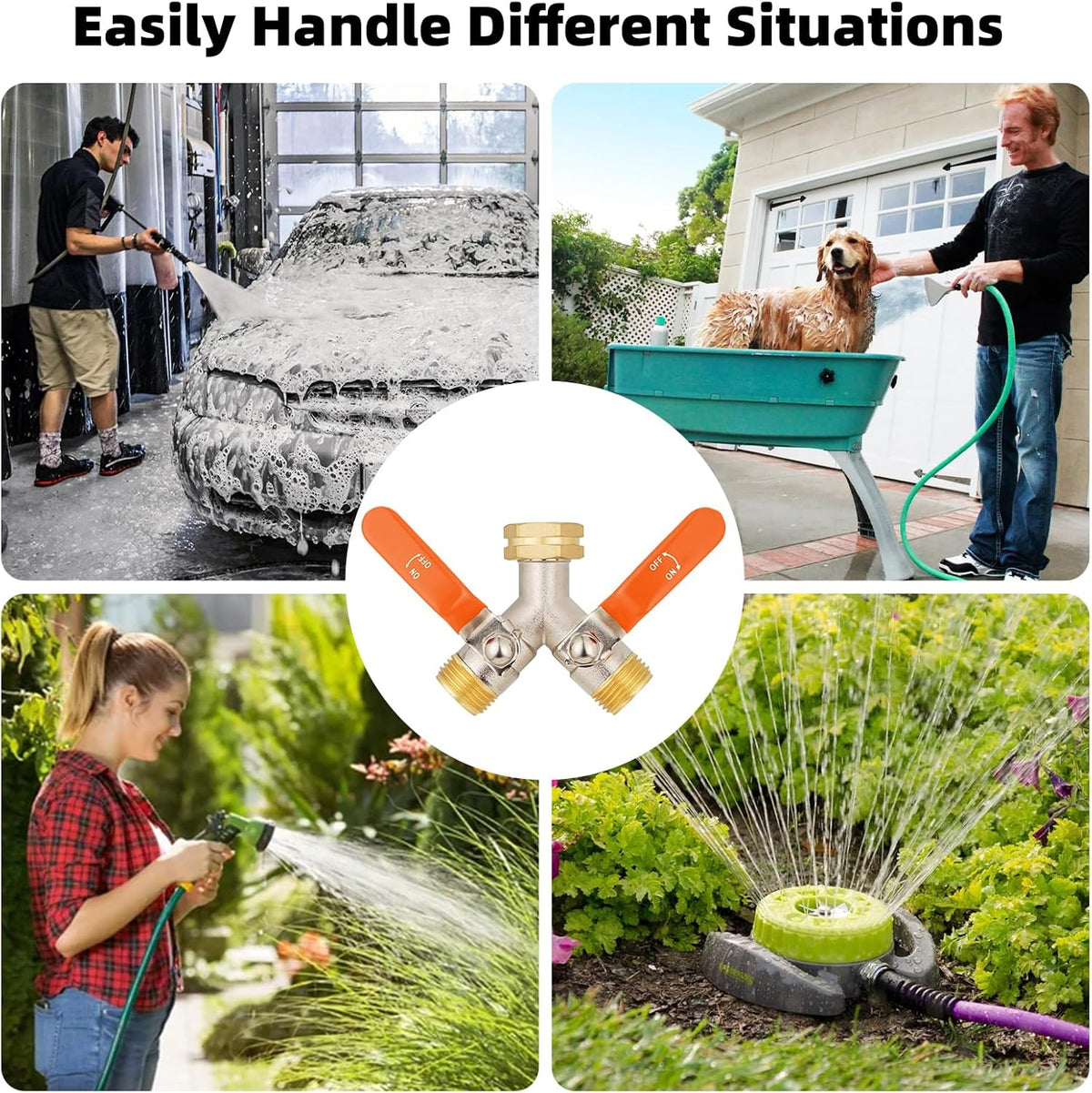 Hose Splitter 2 Way, High Flow Garden Hose Splitter, 3/4” Ght Inlet Brass Heavy Duty Hose Converter, Full Flow water 2 Way Faucet hose splitter, Long Handle Hose Valve Large Outlet.