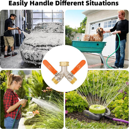 Hose Splitter 2 Way, High Flow Garden Hose Splitter, 3/4” Ght Inlet Brass Heavy Duty Hose Converter, Full Flow water 2 Way Faucet hose splitter, Long Handle Hose Valve Large Outlet.