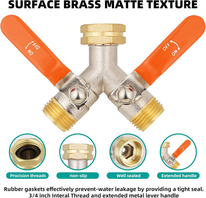 Hose Splitter 2 Way, High Flow Garden Hose Splitter, 3/4” Ght Inlet Brass Heavy Duty Hose Converter, Full Flow water 2 Way Faucet hose splitter, Long Handle Hose Valve Large Outlet.