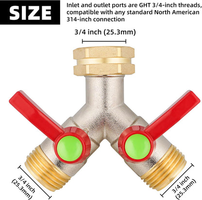 Hose Splitter 2 Way, High Flow Garden Hose Splitter, 3/4” Ght Inlet Brass Heavy Duty Hose Converter, Full Flow water 2 Way Faucet hose splitter, Long Handle Hose Valve Large Outlet.
