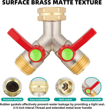 Hose Splitter 2 Way, High Flow Garden Hose Splitter, 3/4” Ght Inlet Brass Heavy Duty Hose Converter, Full Flow water 2 Way Faucet hose splitter, Long Handle Hose Valve Large Outlet.