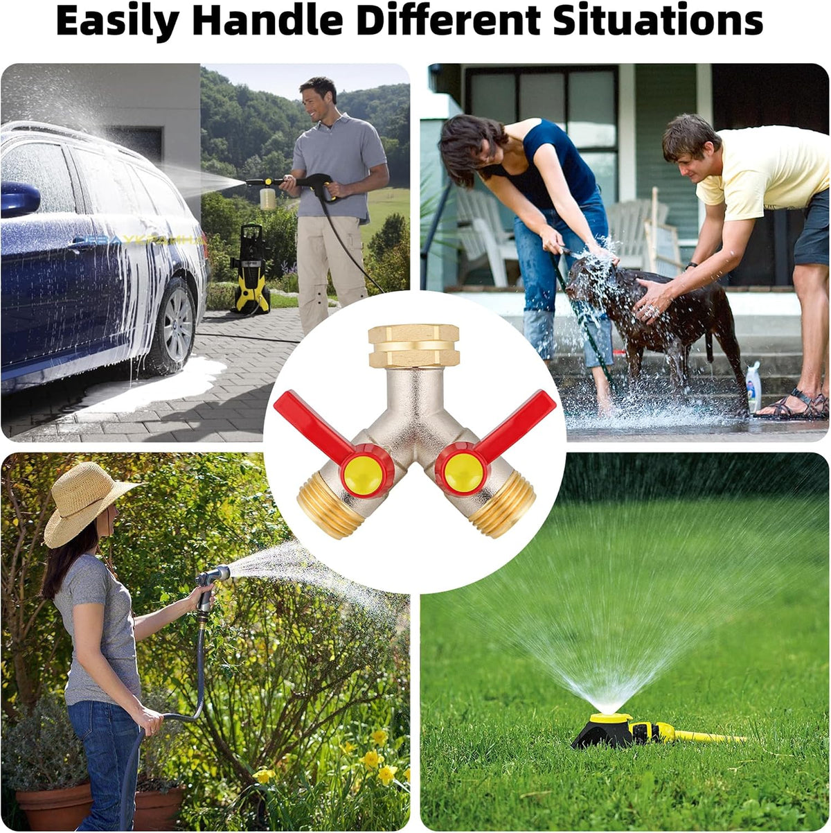 Hose Splitter 2 Way, High Flow Garden Hose Splitter, 3/4” Ght Inlet Brass Heavy Duty Hose Converter, Full Flow water 2 Way Faucet hose splitter, Long Handle Hose Valve Large Outlet.